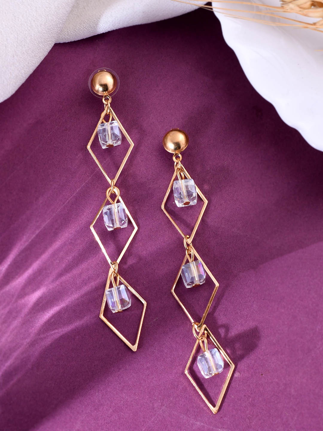 

VOJ Gold-Plated Floral Stone-Studded Drop Earrings