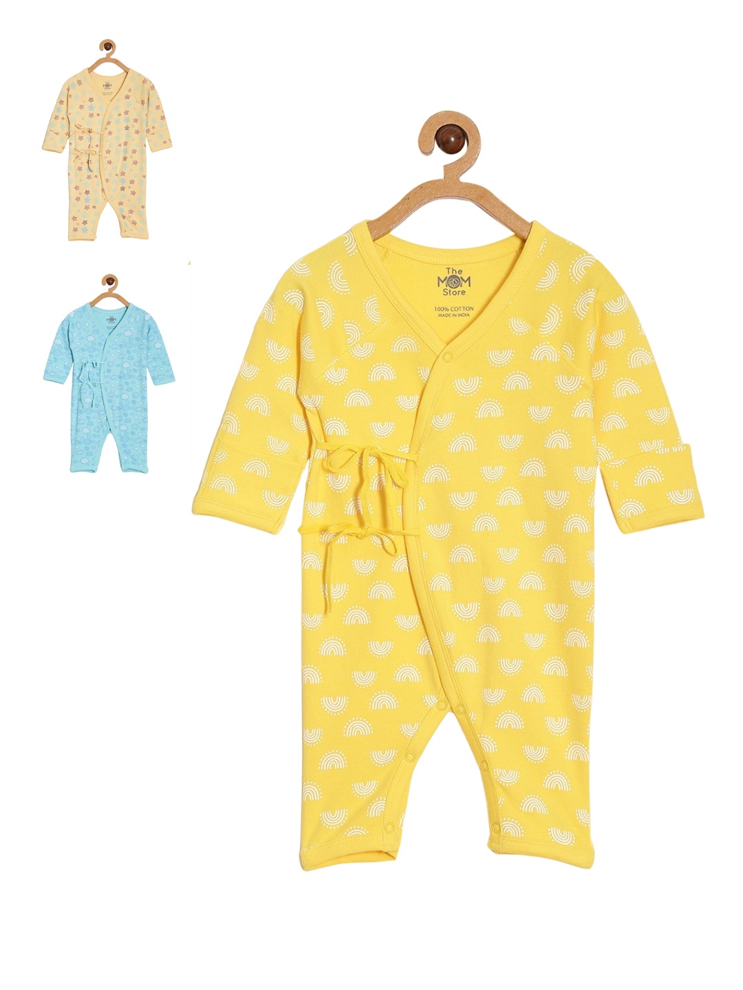 

The Mom Store Infants Pack Of 3 Printed Cotton Rompers, Beige