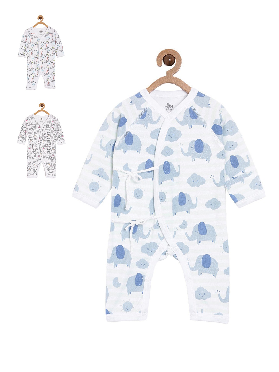 

The Mom Store Infants Kids Pack Of 3 Printed Cotton Rompers, White