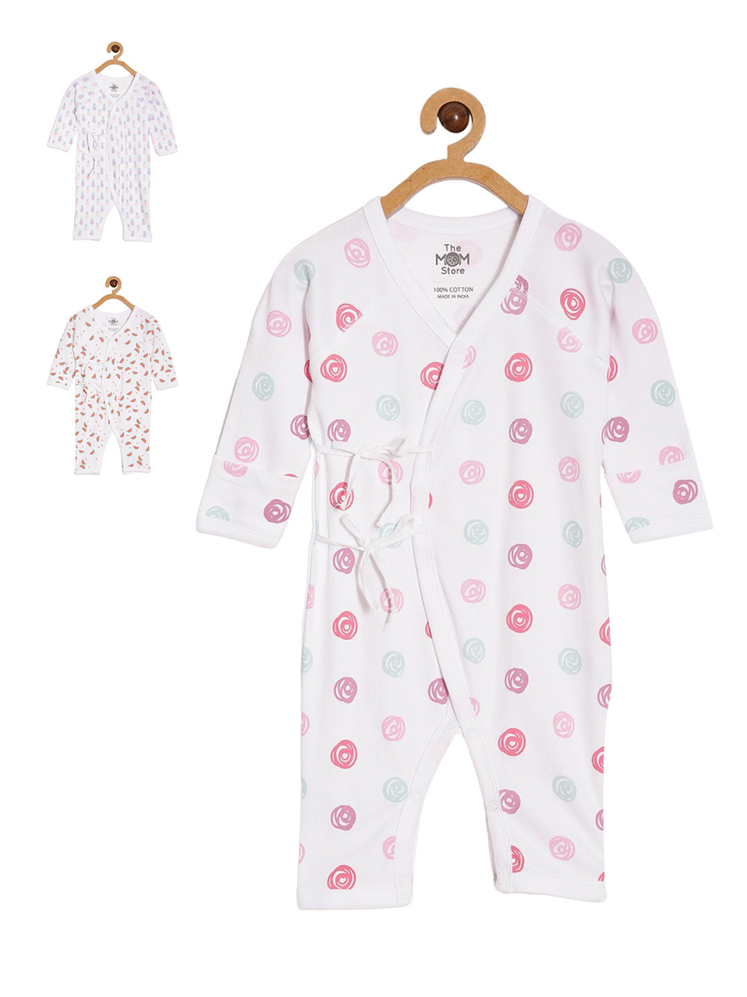 

The Mom Store Infants Pack Of 3 Printed Cotton Rompers, White