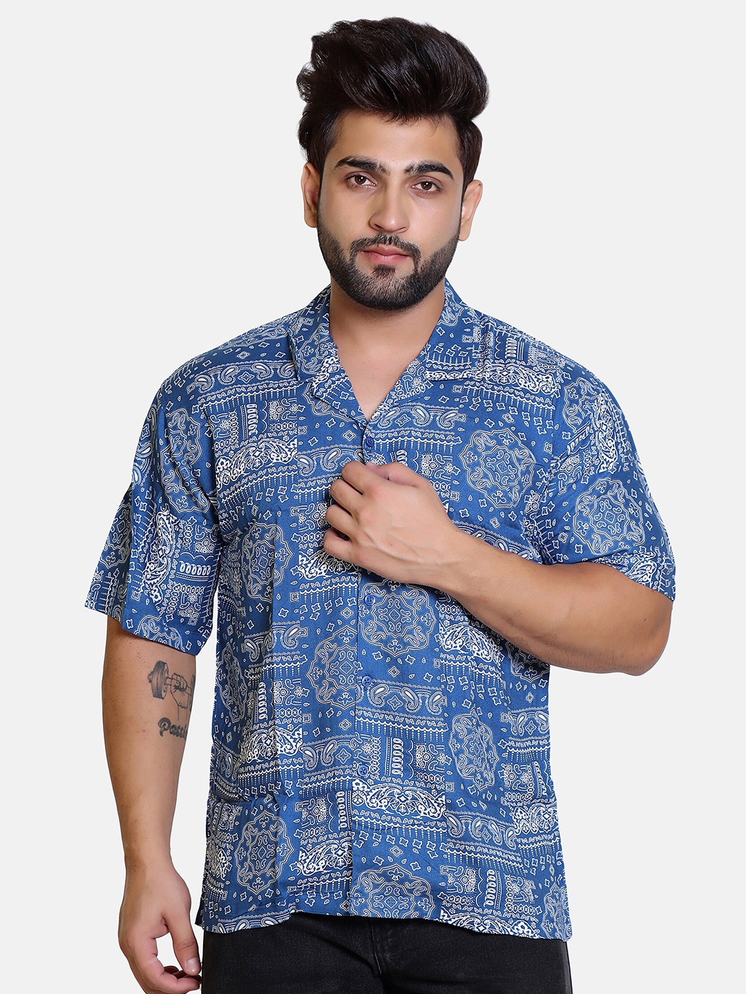 

Bofrike Cuban Collar Ethnic Motifs Printed Casual Oversized Shirt, Blue