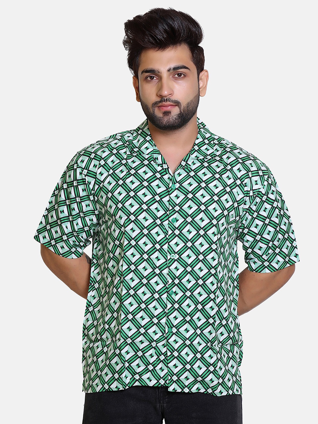 

Bofrike Cuban Collar Premium Oversized Geometric Printed Casual Shirt, Green