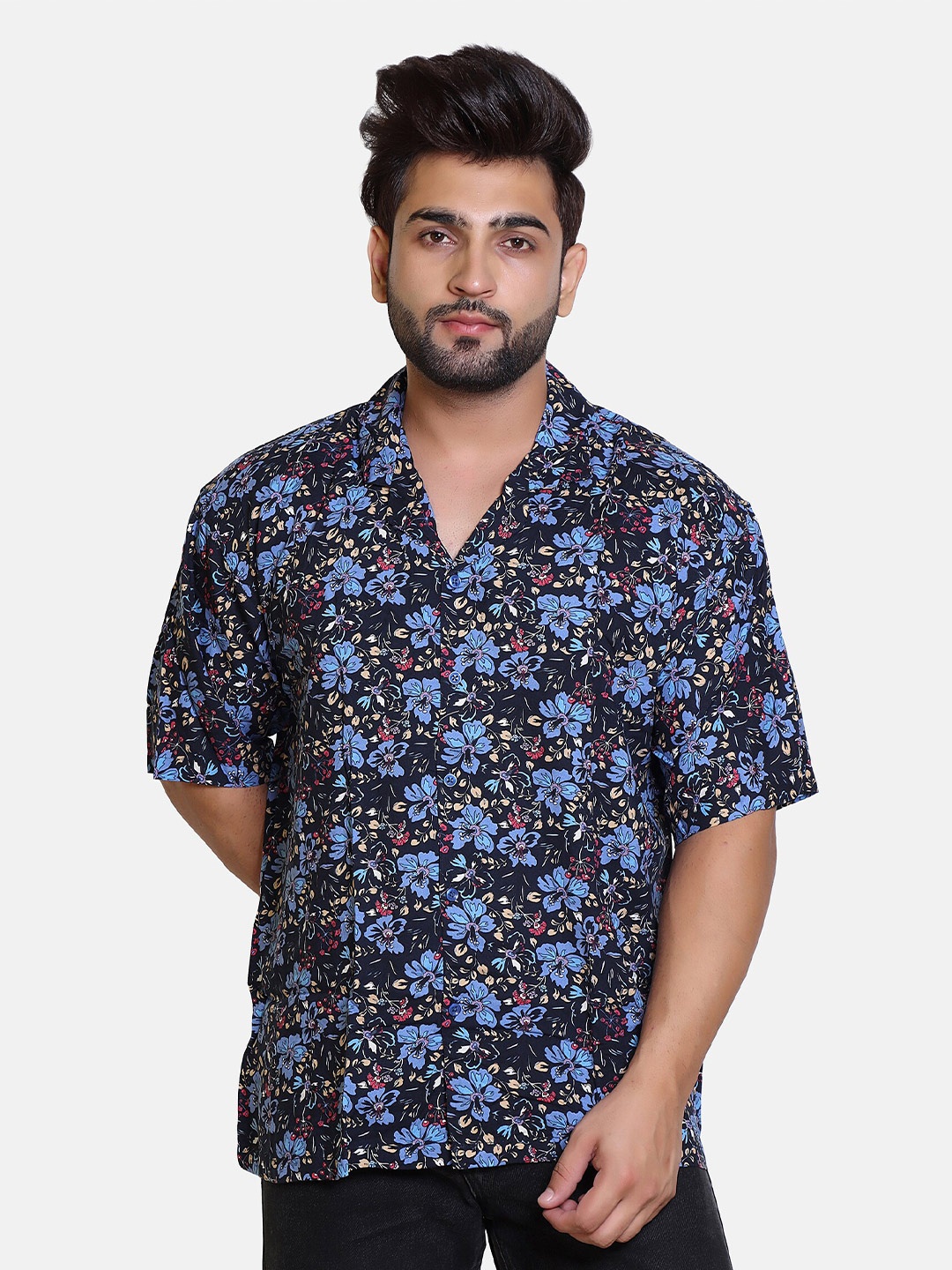 

Bofrike Cuban Collar Premium Floral Printed Casual Oversized Shirt, Navy blue