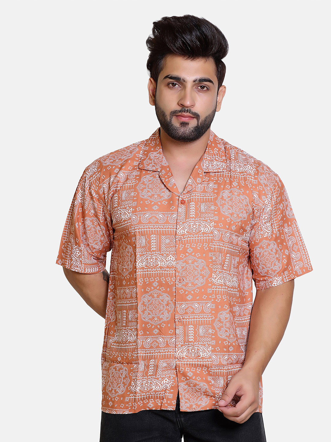 

Bofrike Premium Oversized Ethnic Motifs Printed Cuban Collar Casual Shirt, Brown