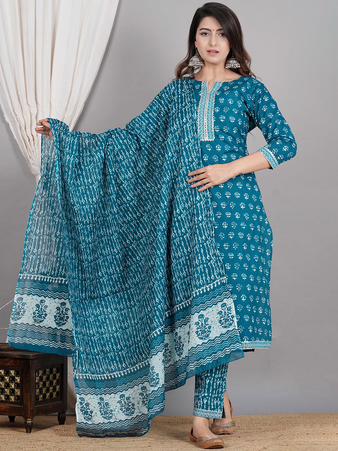 

ZOYOTO Ethnic Motifs Printed Regular Gotta Patti Pure Cotton Kurta With Trousers & Dupatta, Blue