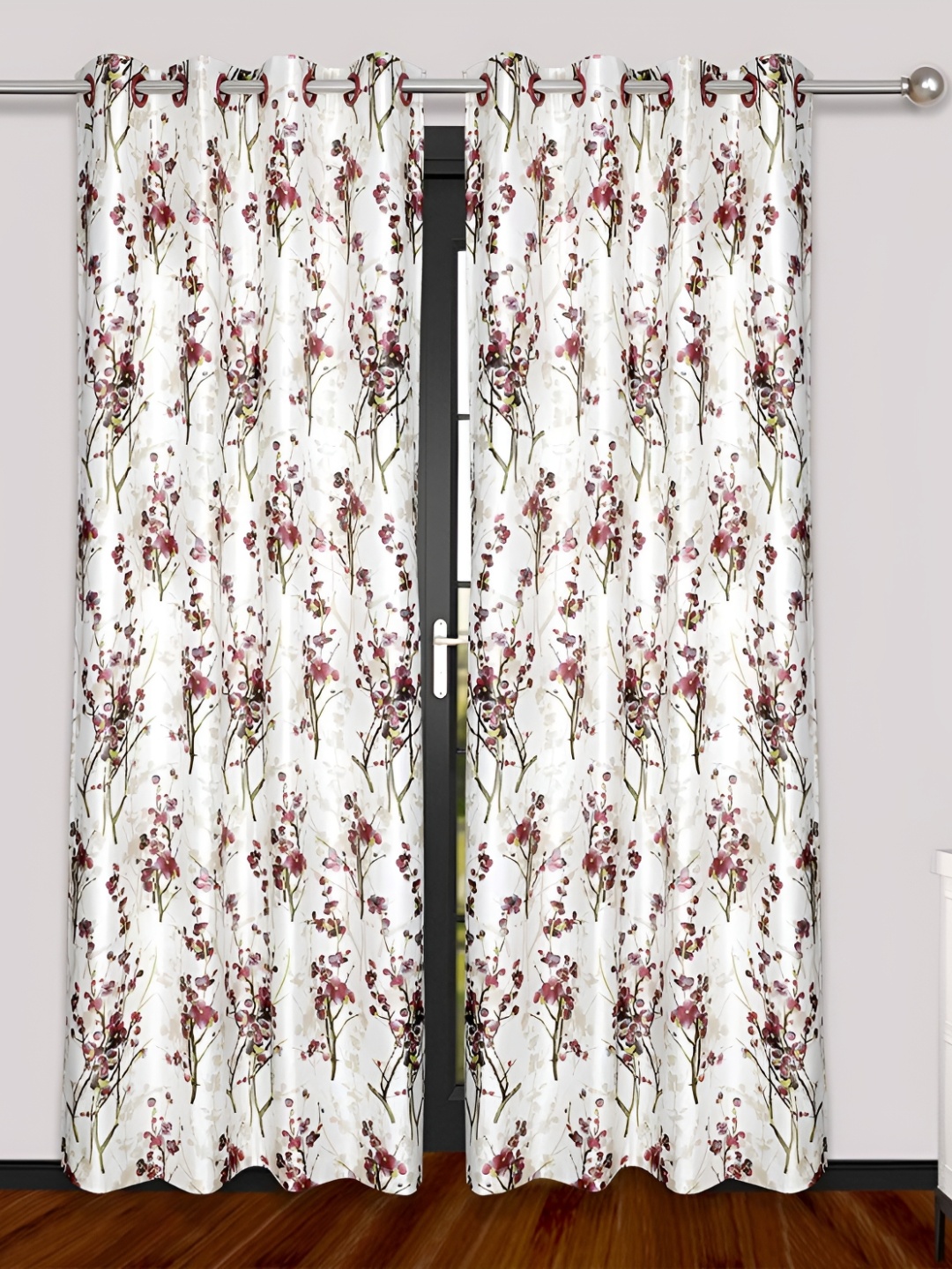 

Yes Cart Home Maroon & Off White 2 Pieces Floral Room Darkening Door Curtains