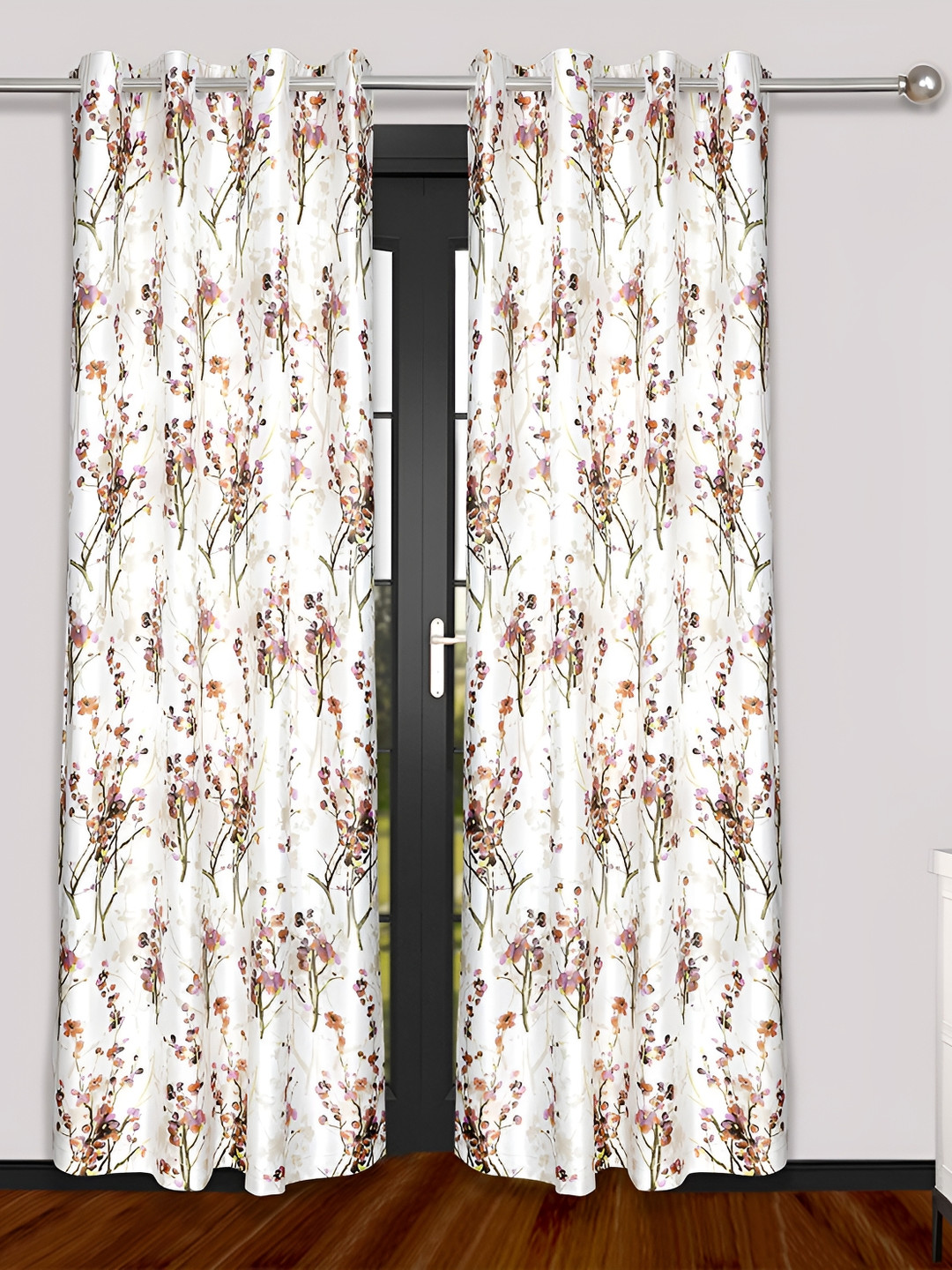 

Yes Cart Home Orange & White 2 Pieces Floral Room Darkening Window Curtains