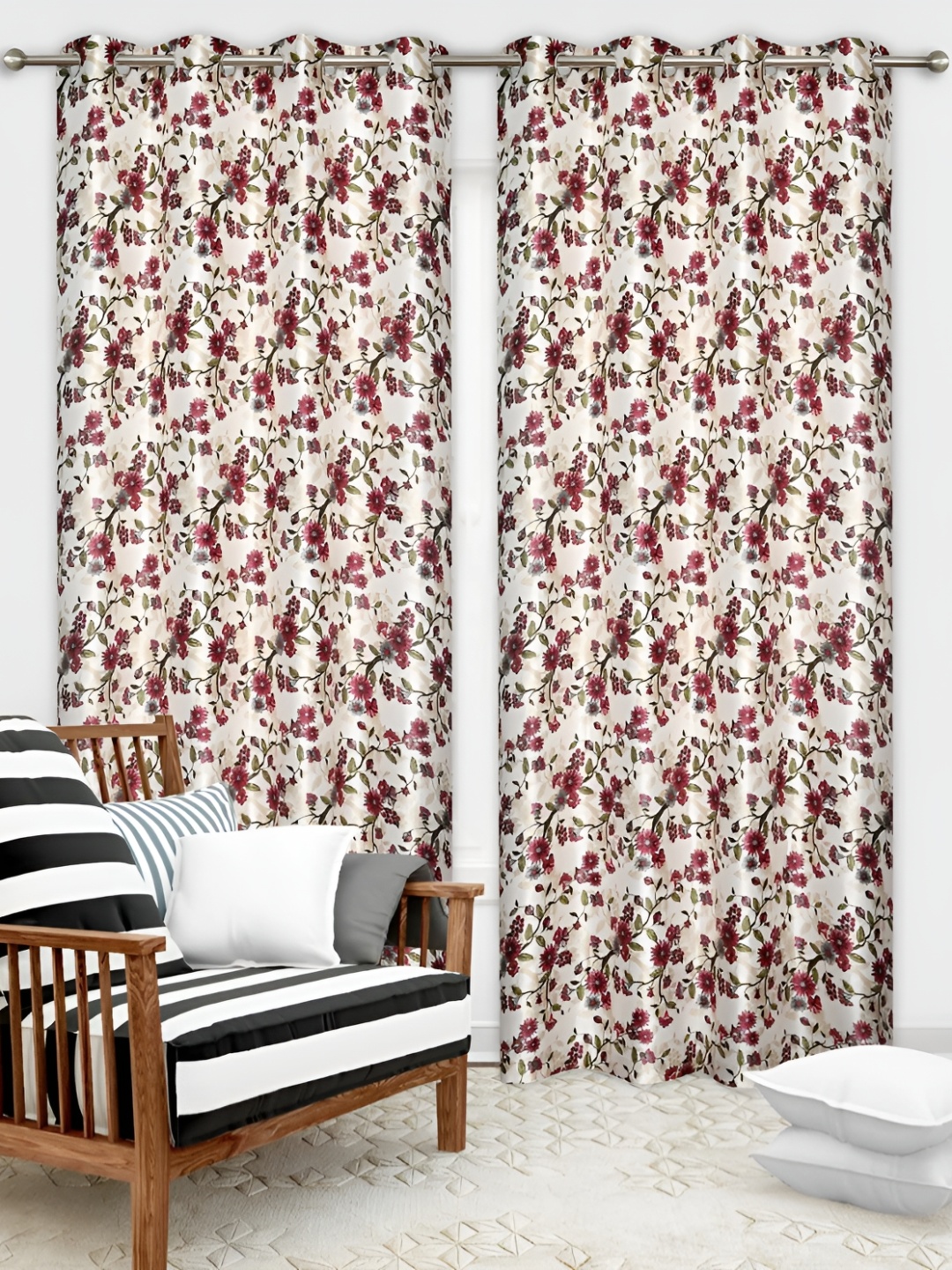 

Yes Cart Home Maroon & White 2 Pieces Floral Room Darkening Door Curtains