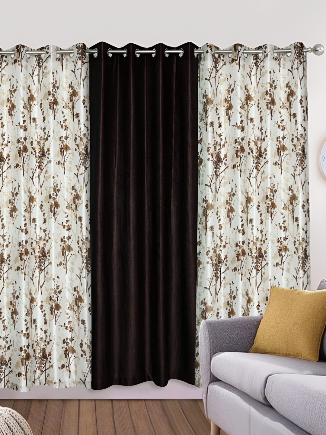 

Yes Cart Home Coffee Brown & White 3 Pieces Floral Room Darkening Window Curtains