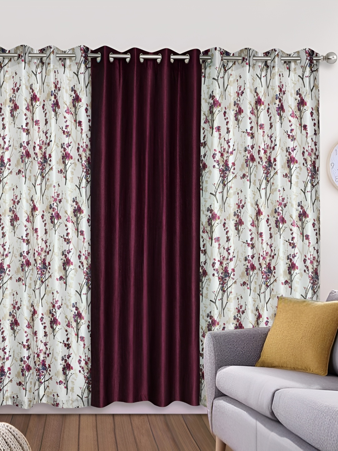 

Yes Cart Home Burgundy & White 3 Pieces Floral Room Darkening Door Curtains