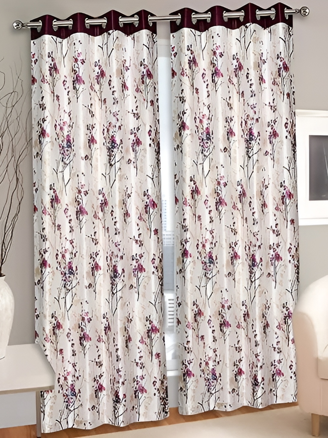 

Yes Cart Home Burgundy & White 2 Pieces Floral Room Darkening Door Curtains