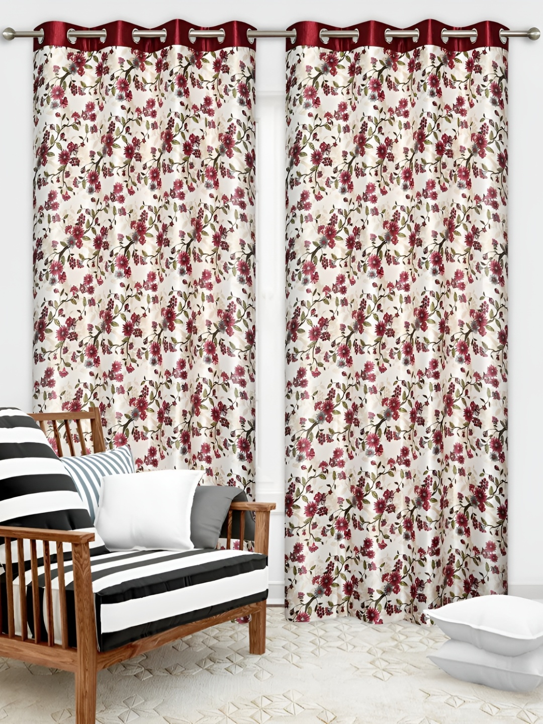 

Yes Cart Home Maroon & White 2 Pieces Floral Room Darkening Door Curtains