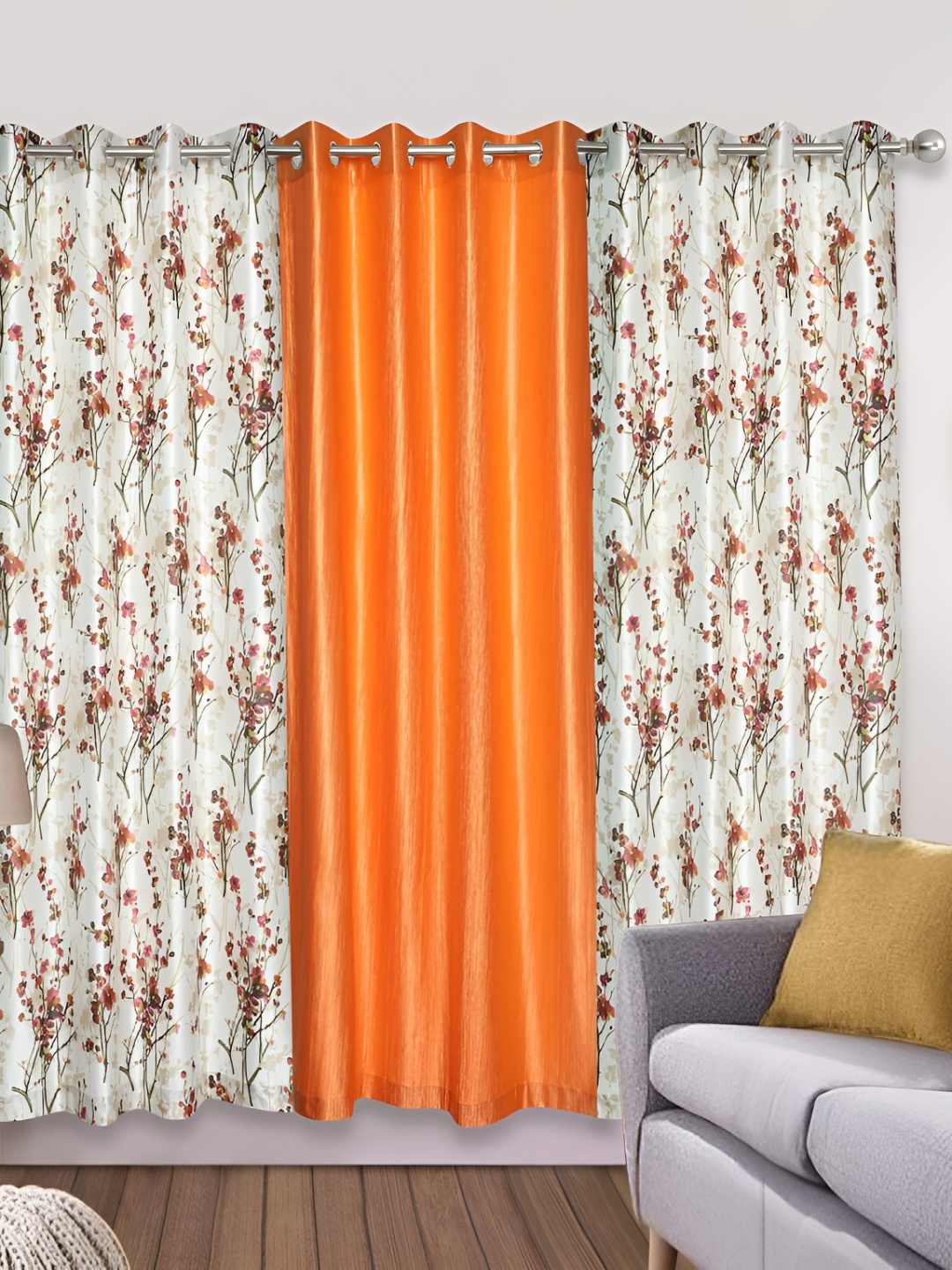 

Yes Cart Home Orange & White 3 Pieces Floral Room Darkening Window Curtains