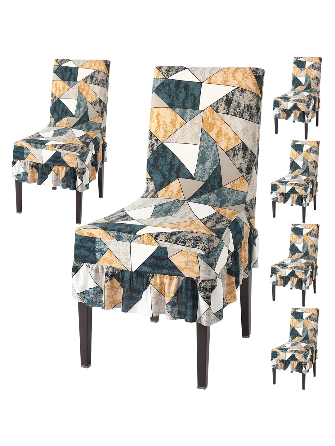 

HOKIPO Grey & White 6 Pieces Printed Stretchable Frill Chair Covers