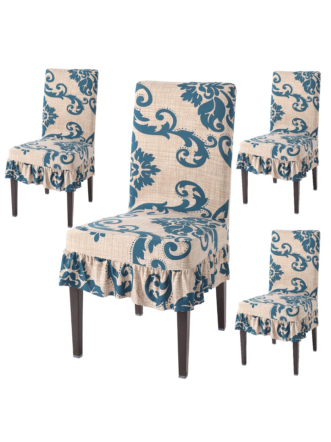 

HOKIPO 4-Pcs Beige & Blue Printed Stretchable Frill Chair Covers