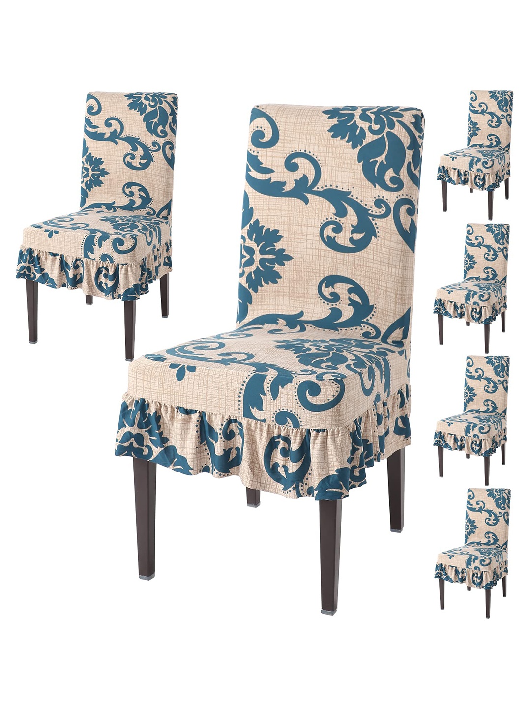 

HOKIPO Beige & Teal 6 Pieces Printed Stretchable Frill Chair Covers