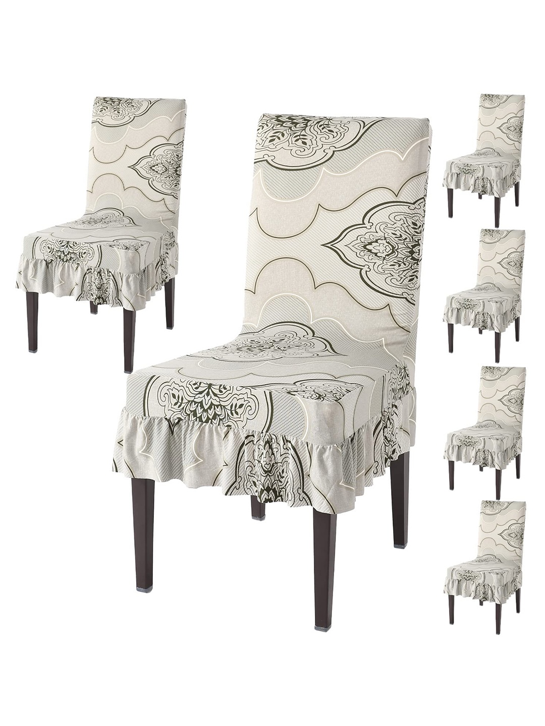 

HOKIPO Off White & Black 6 Pieces Printed Stretchable Frill Chair Covers