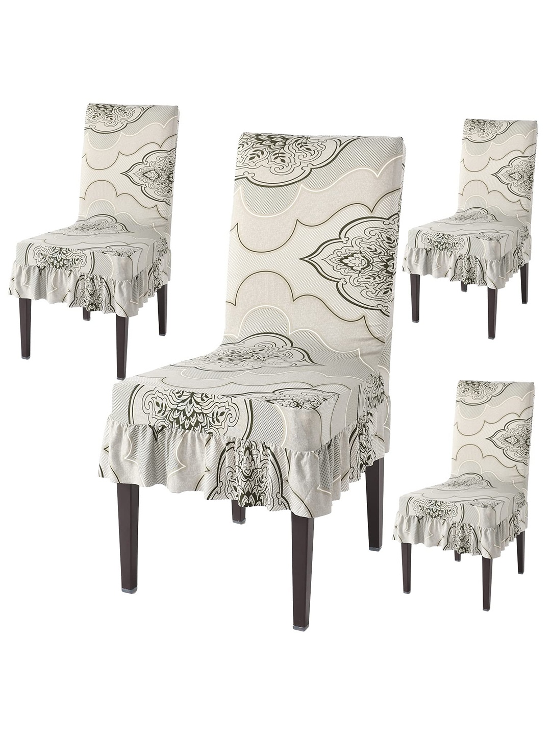 

HOKIPO Off White & Black 4 Piece Printed Stretchable Frill Chair Covers