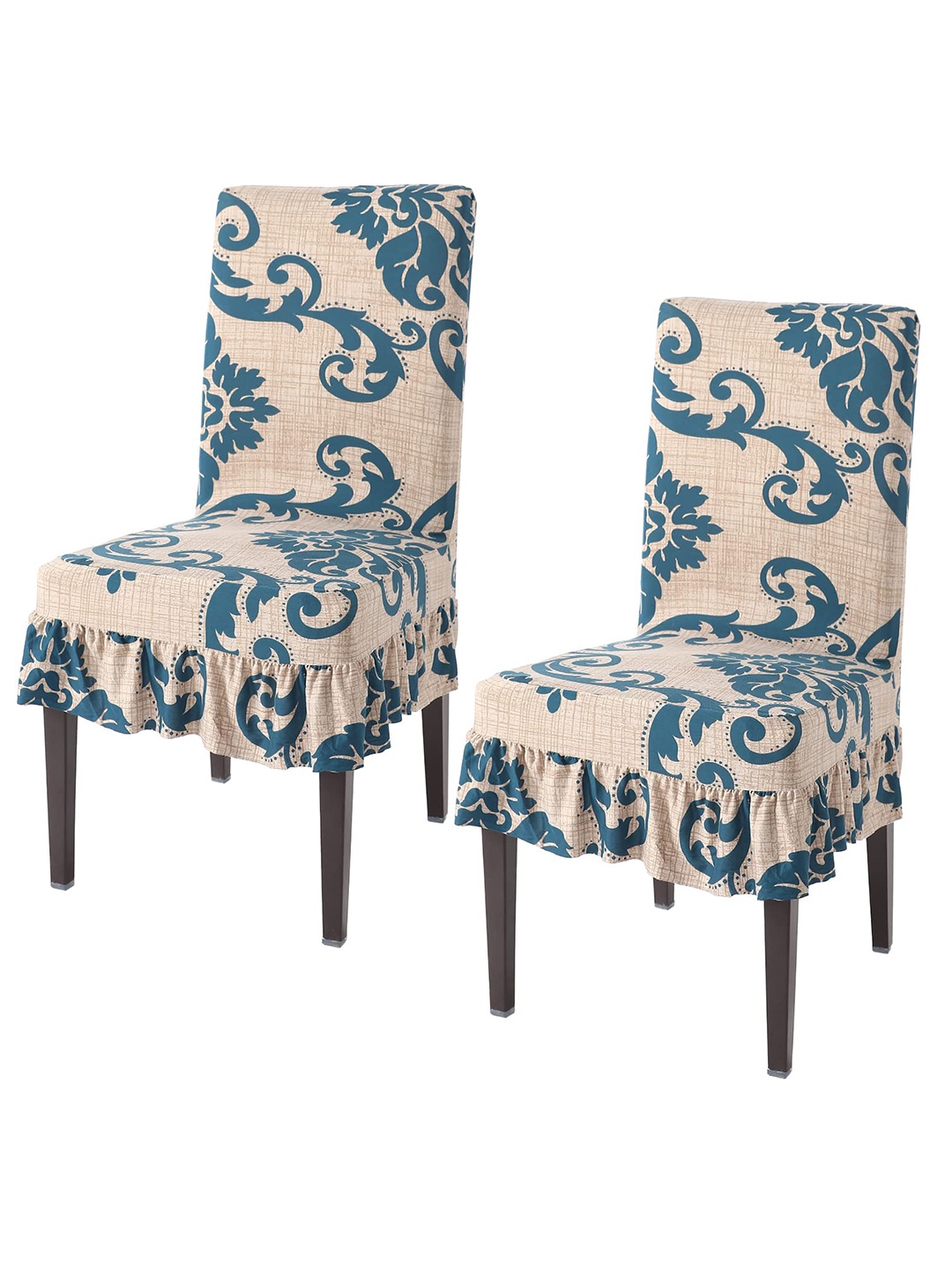 

HOKIPO Beige & Blue 2-Pcs Printed Frill Chair Cover