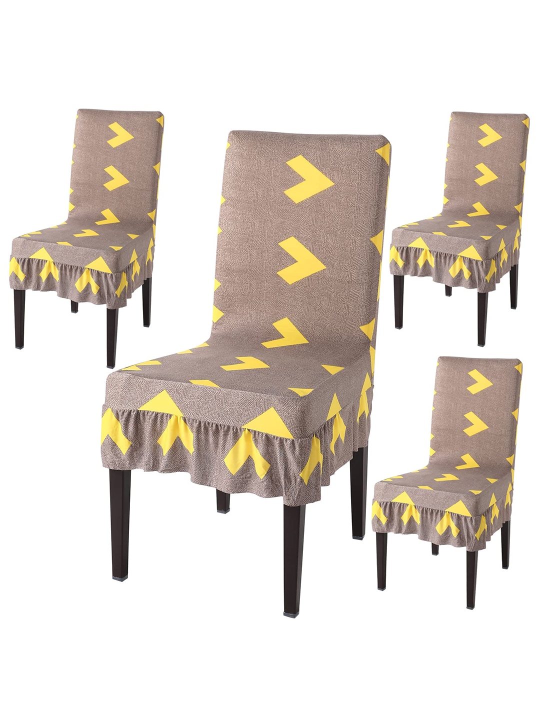 

HOKIPO Brown & Yellow 4 Pieces Printed Stretchable Frill Chair Covers