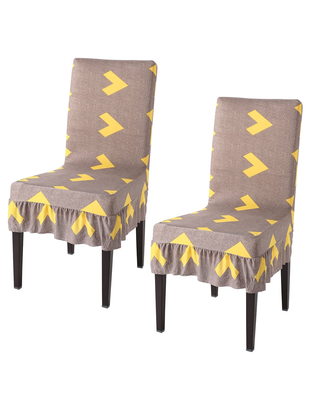 

HOKIPO 2-Pcs Yellow & Brown Printed Stretchable Frill Chair Covers