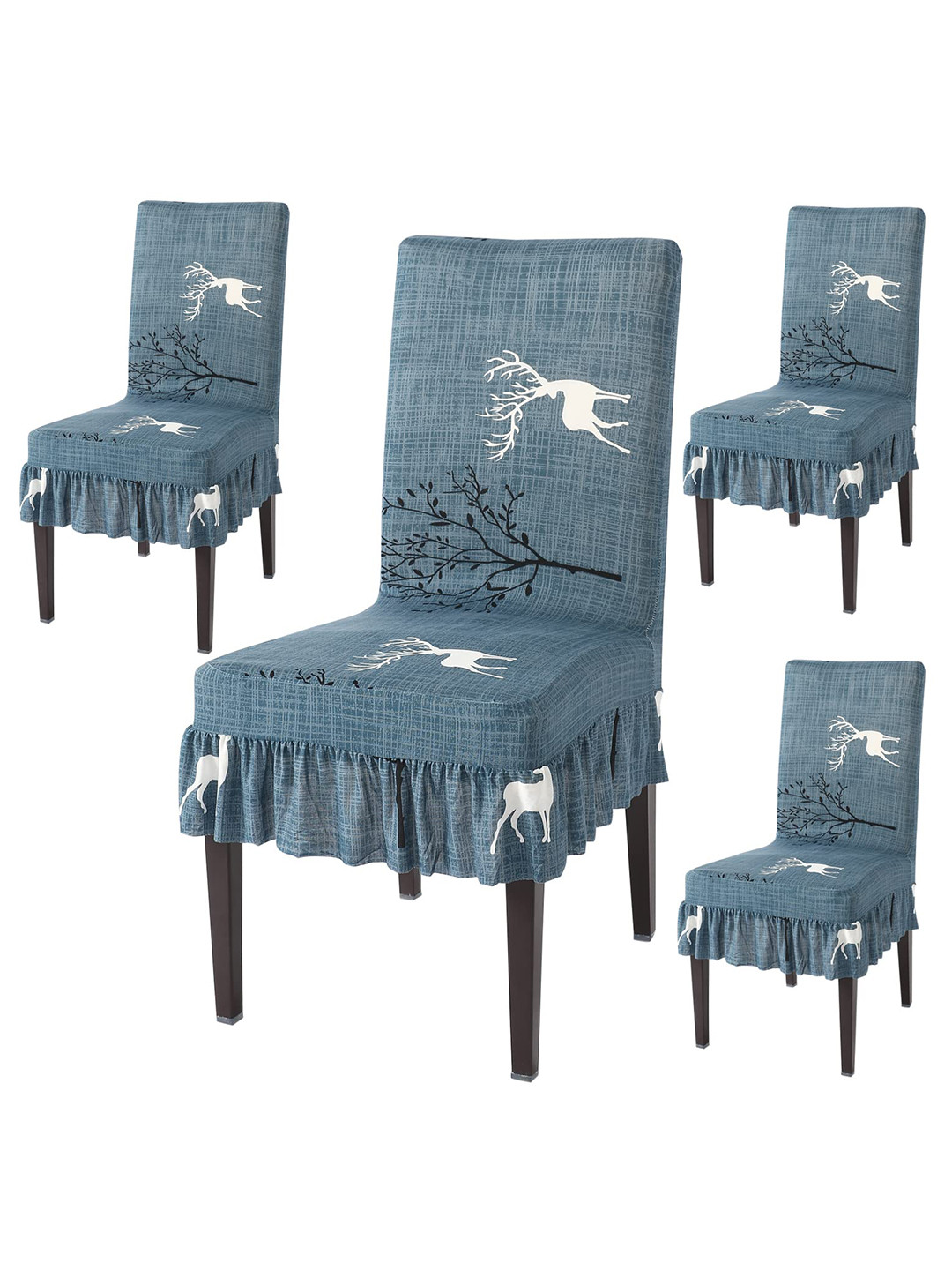 

HOKIPO Teal Blue & White 4 Pieces Printed Frill Chair Covers