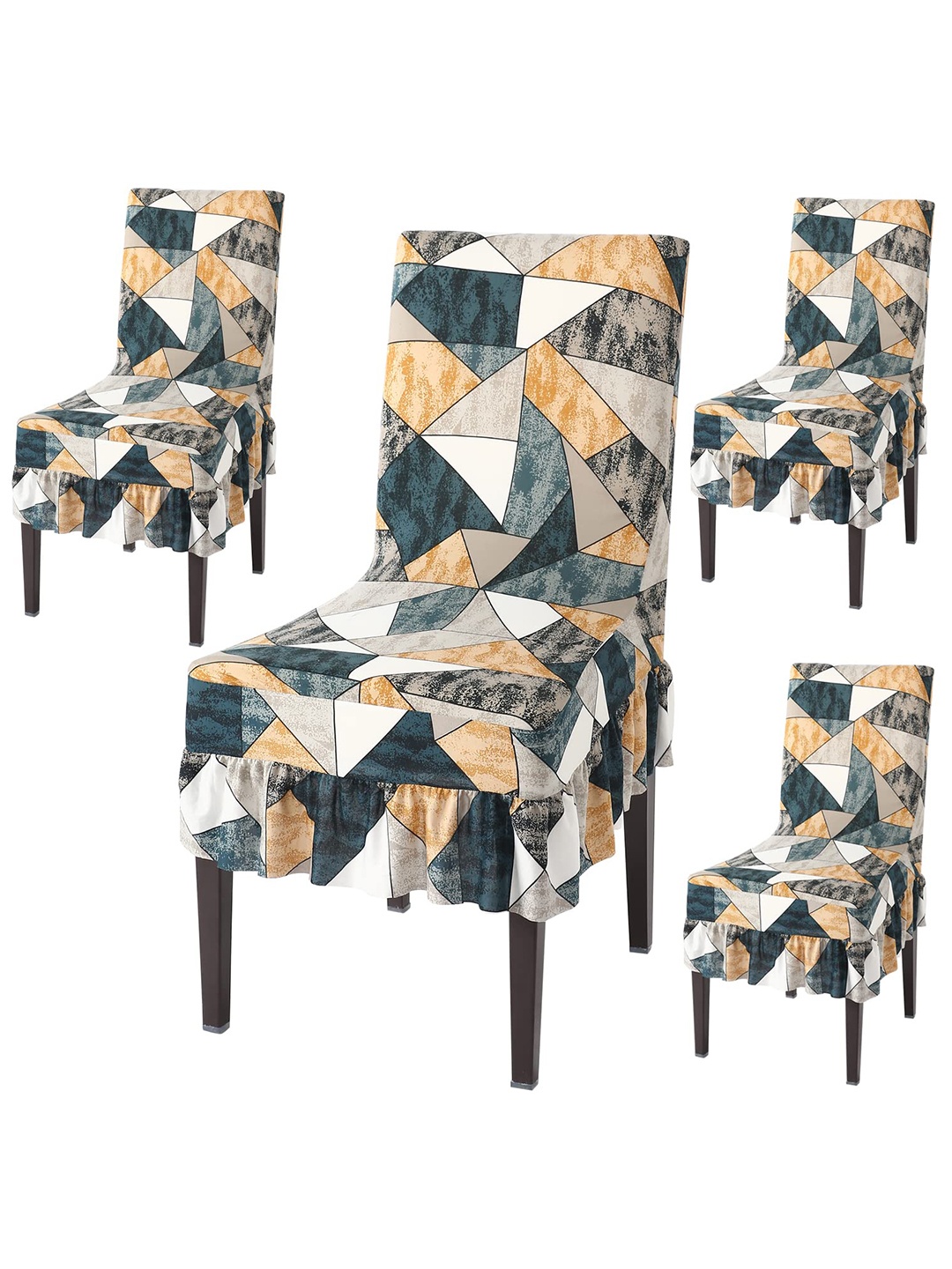 

HOKIPO 4-Pcs Green & Beige Printed Stretchable Frill Chair Covers