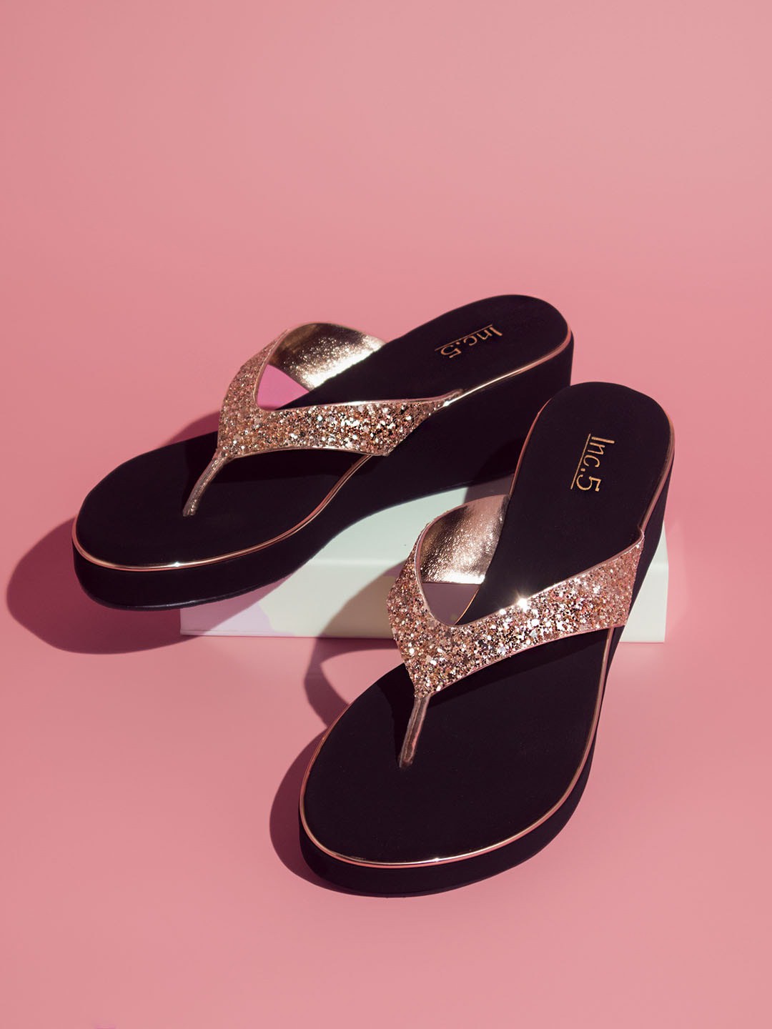 

Inc 5 Embellished Open Toe Wedge Heels, Rose gold