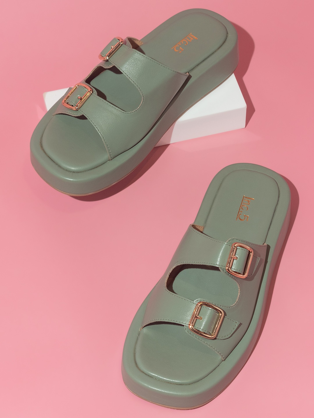 

Inc 5 Buckle Detail Open Toe Flatform Heels, Green