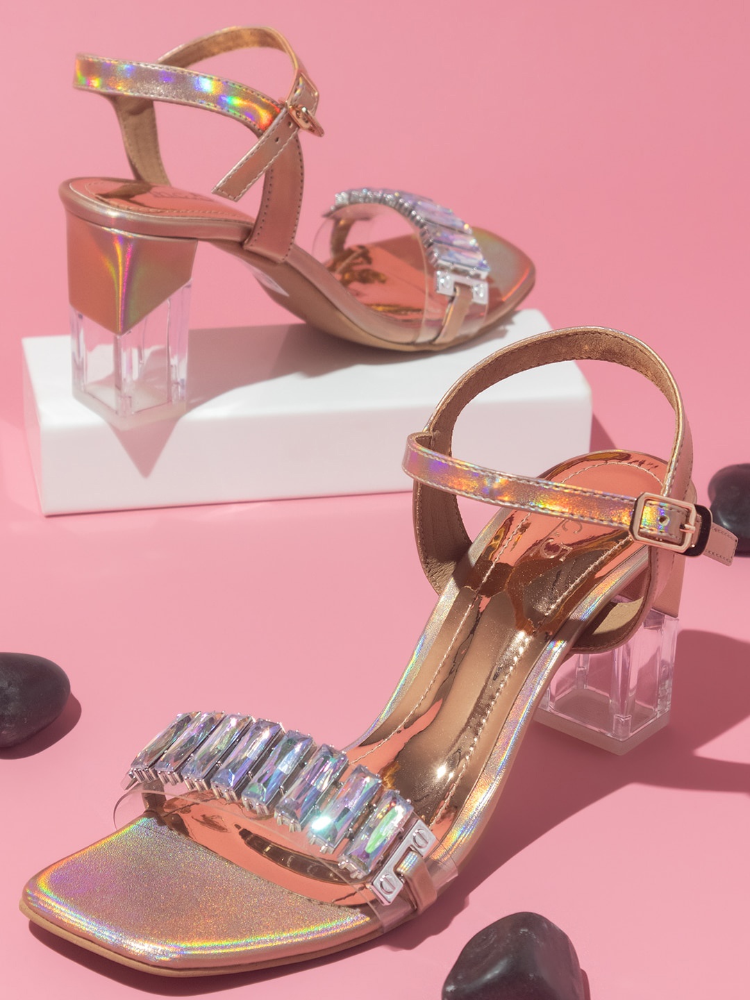 

Inc 5 Embellished Open Toe Block Heels, Rose gold