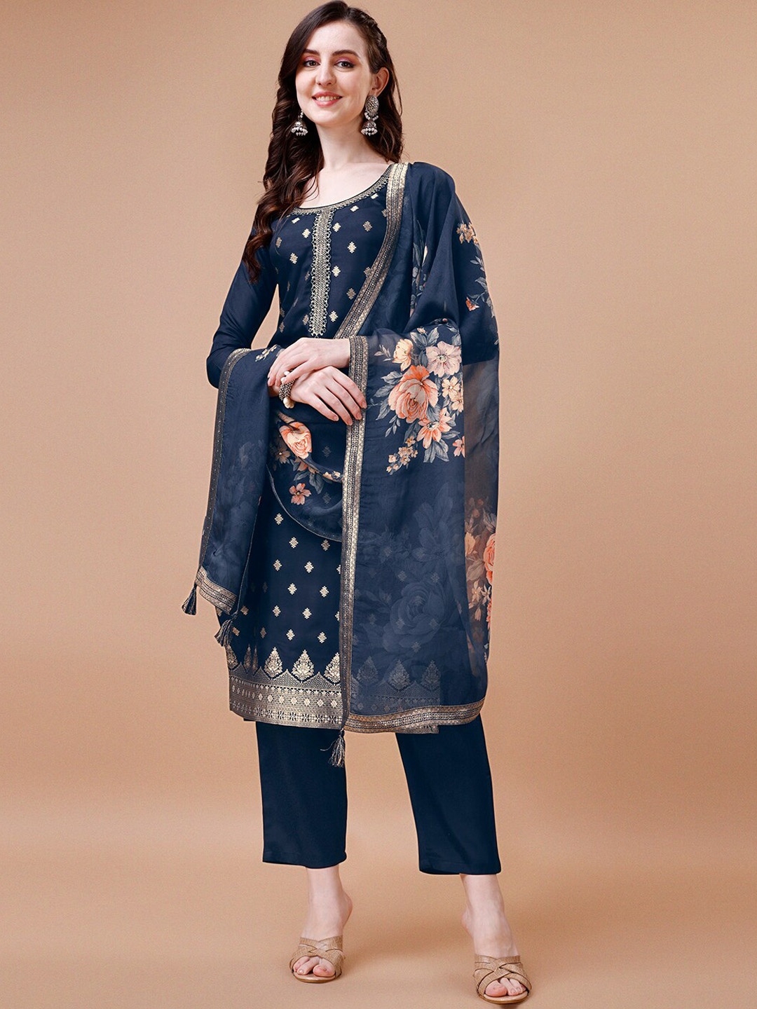 

Seerat Ethnic Motifs Woven Design Regular Kurta with Trousers & With Dupatta, Blue