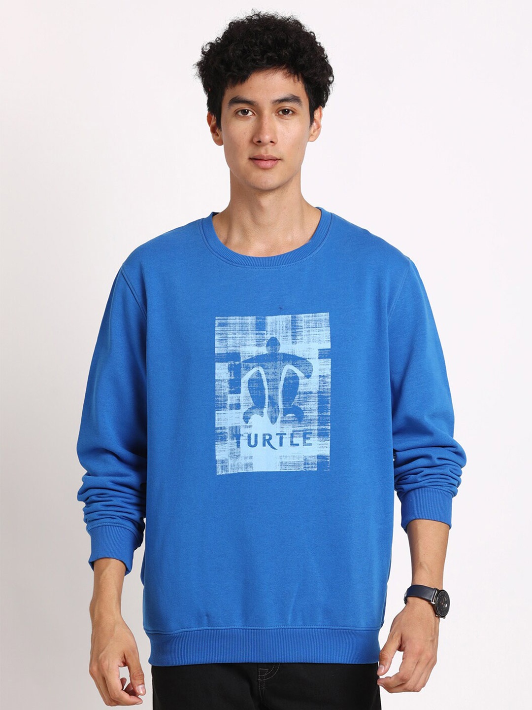 

Turtle Graphic Printed Long Sleeve Regular Fit Cotton Pullover Sweatshirt, Blue