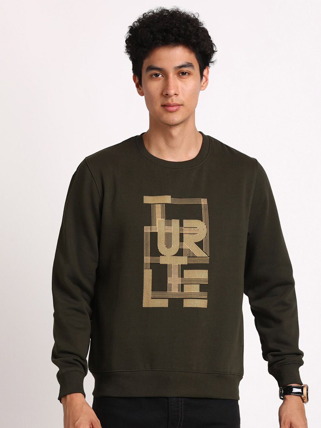 

Turtle Typography Printed Cotton Pullover Sweatshirt, Olive
