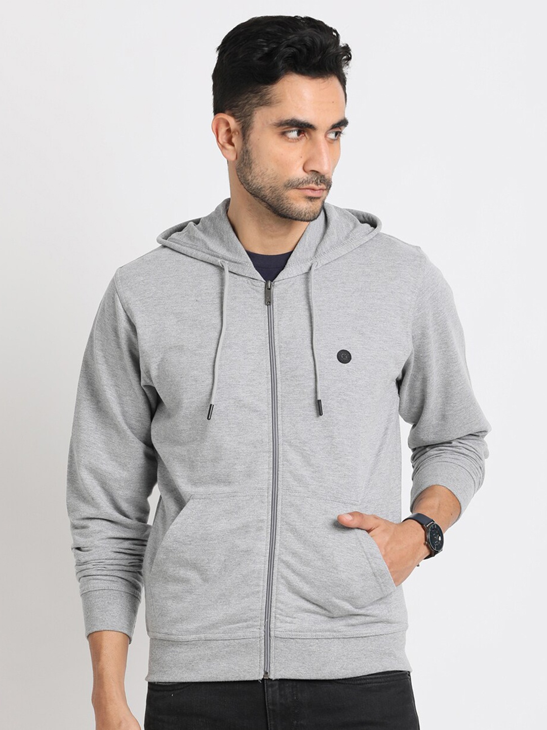 

Turtle Hooded Front-Open Sweatshirt, Grey melange