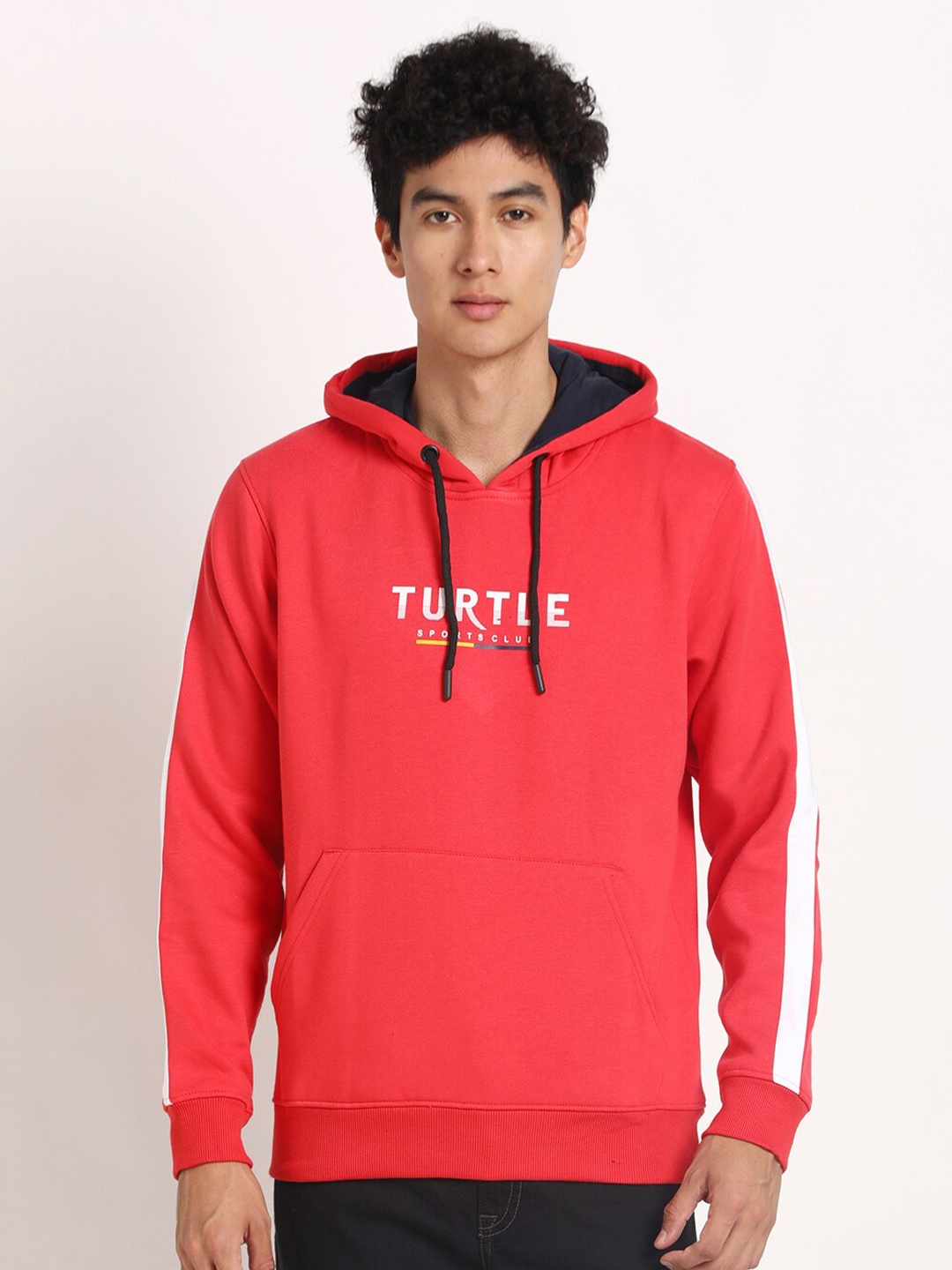 

Turtle Typography Printed Hooded Cotton Pullover Sweatshirt, Red