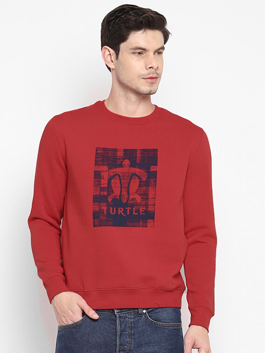 

Turtle Graphic Printed Long Sleeve Regular Fit Cotton Pullover Sweatshirt, Red