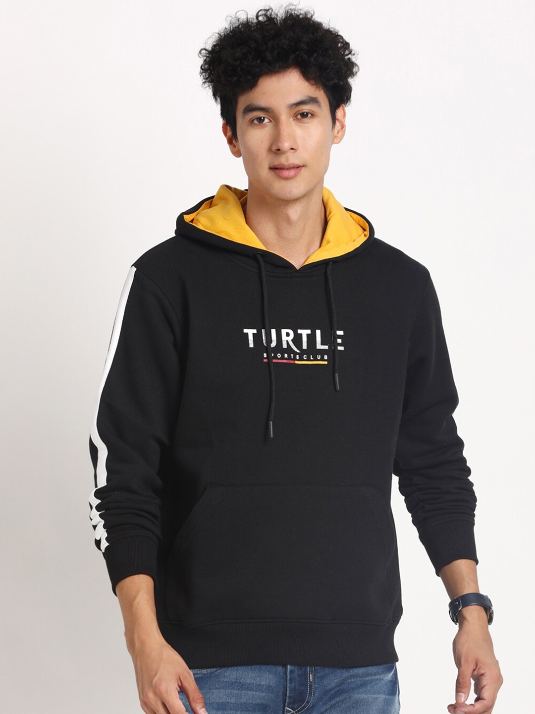 

Turtle Typography Printed Hooded Cotton Pullover Sweatshirt, Black