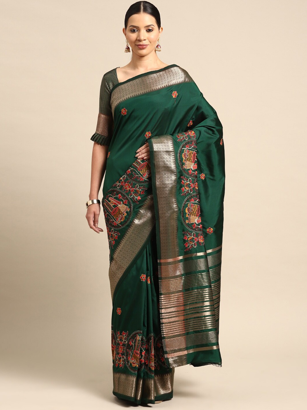 

MAHALASA Floral Embroidered Silk Cotton Saree, Green