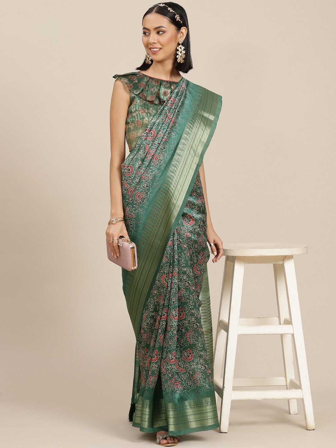 

MAHALASA Floral Printed Zari Silk Cotton Saree, Green