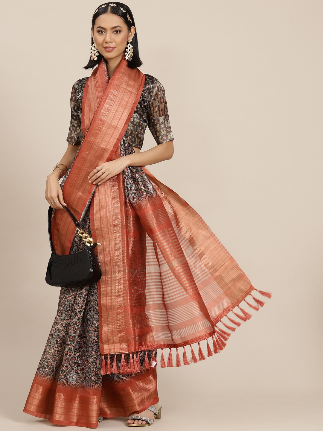 

MAHALASA Ajrak Printed Silk Cotton Saree, Black