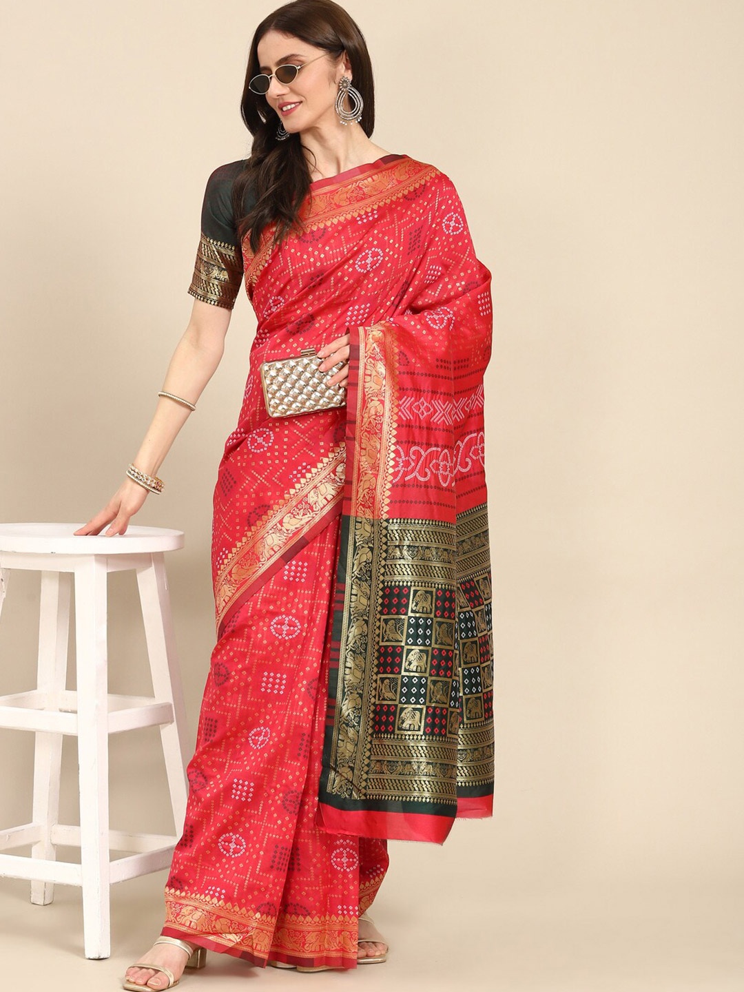 

MAHALASA Bandhani Printed Silk Cotton Saree, Pink