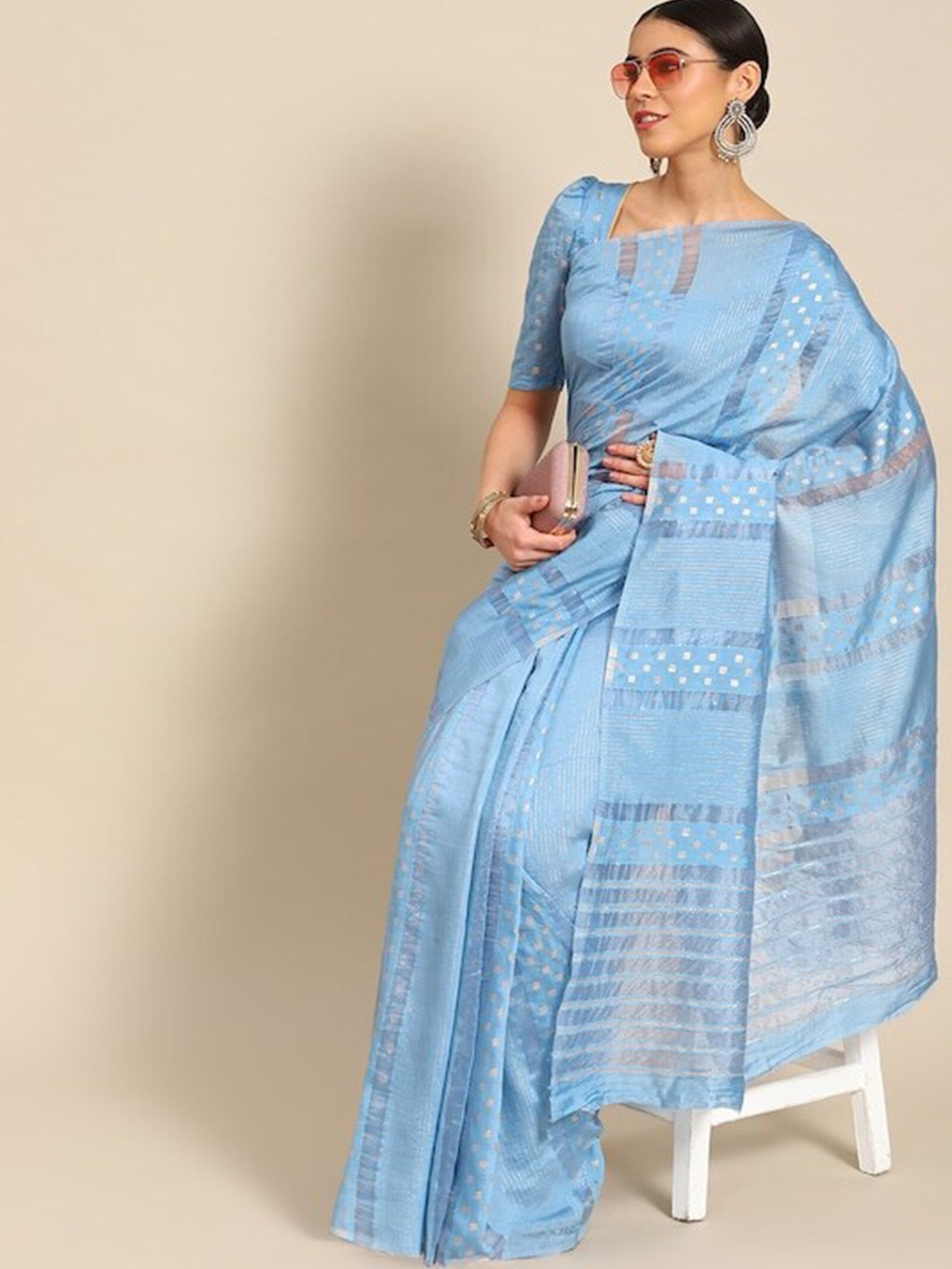 

MAHALASA Striped Sequinned Saree, Turquoise blue