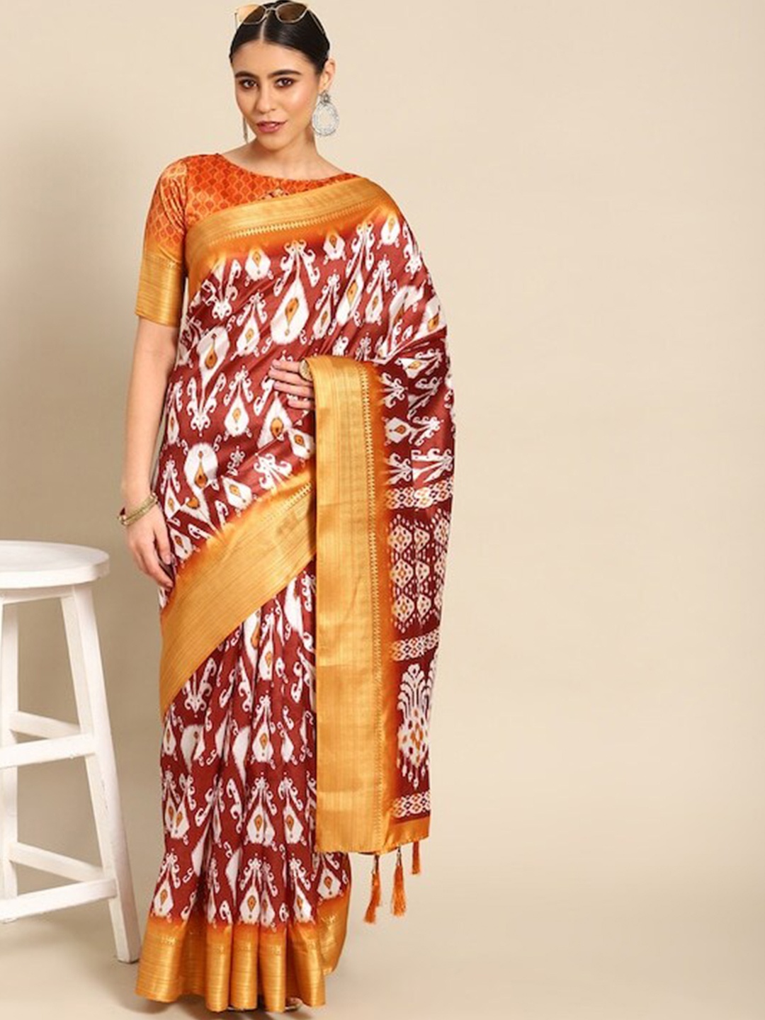 

MAHALASA Ethnic Motifs Printed Zari Saree, Red