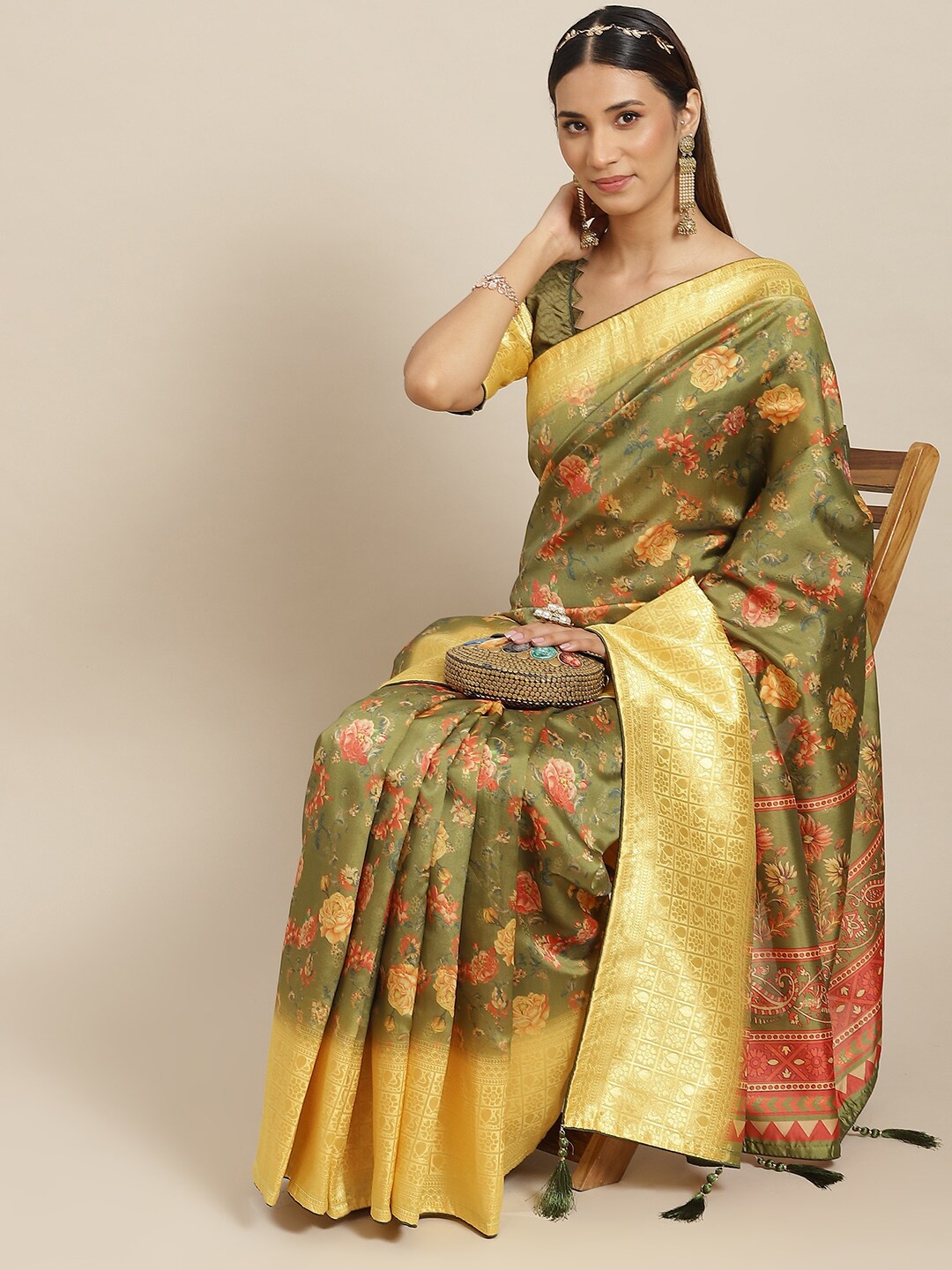 

MAHALASA Floral Printed Banasari Jari weaving Silk Saree, Green