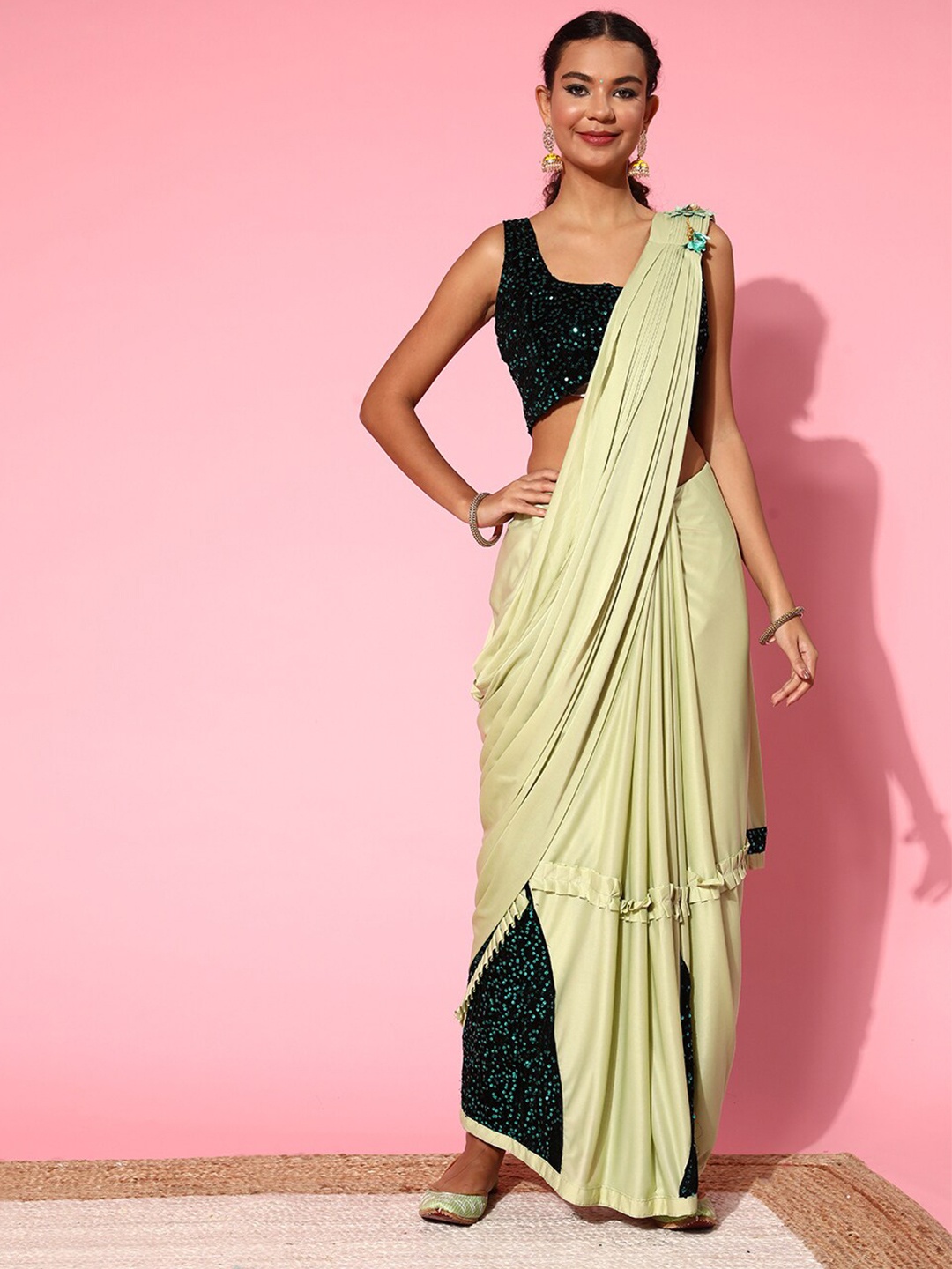 

MAHALASA Embellished Sequinned Lycra Ready To Wear Saree, Sea green