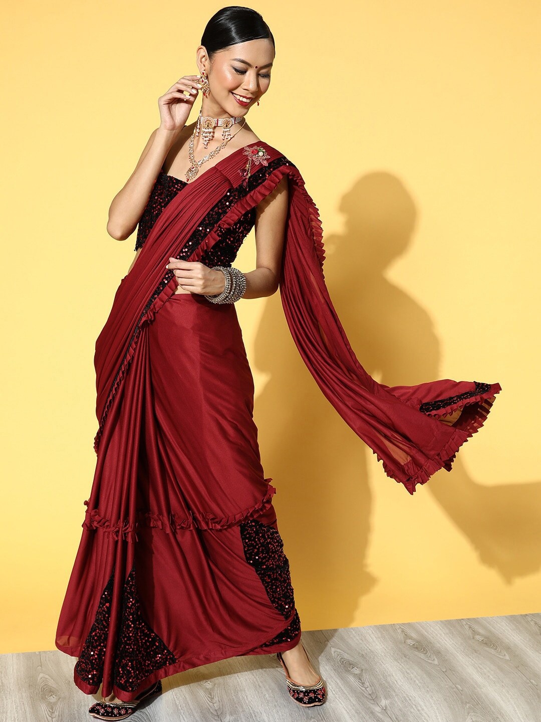 

MAHALASA Embellished Sequinned Lycra Ready To Wear Saree, Maroon