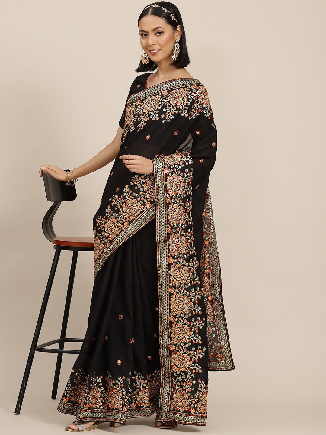 

MAHALASA Floral Embroidered Mirror Work Pure Georgette Saree, Black
