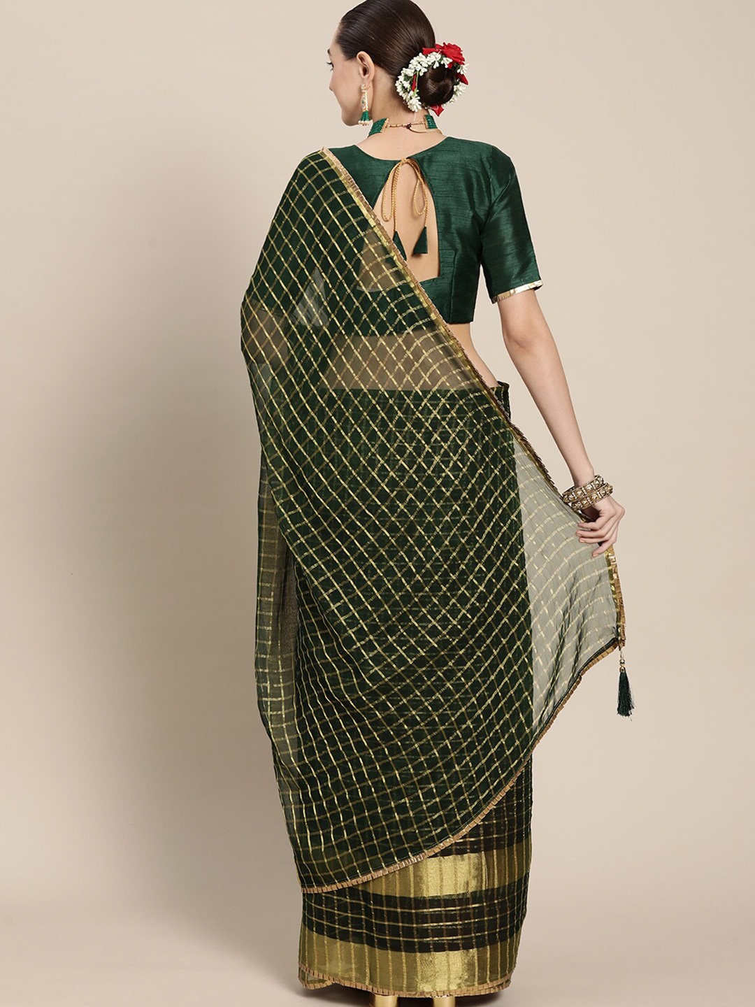 

MAHALASA Checked Zari Detailed Saree, Green