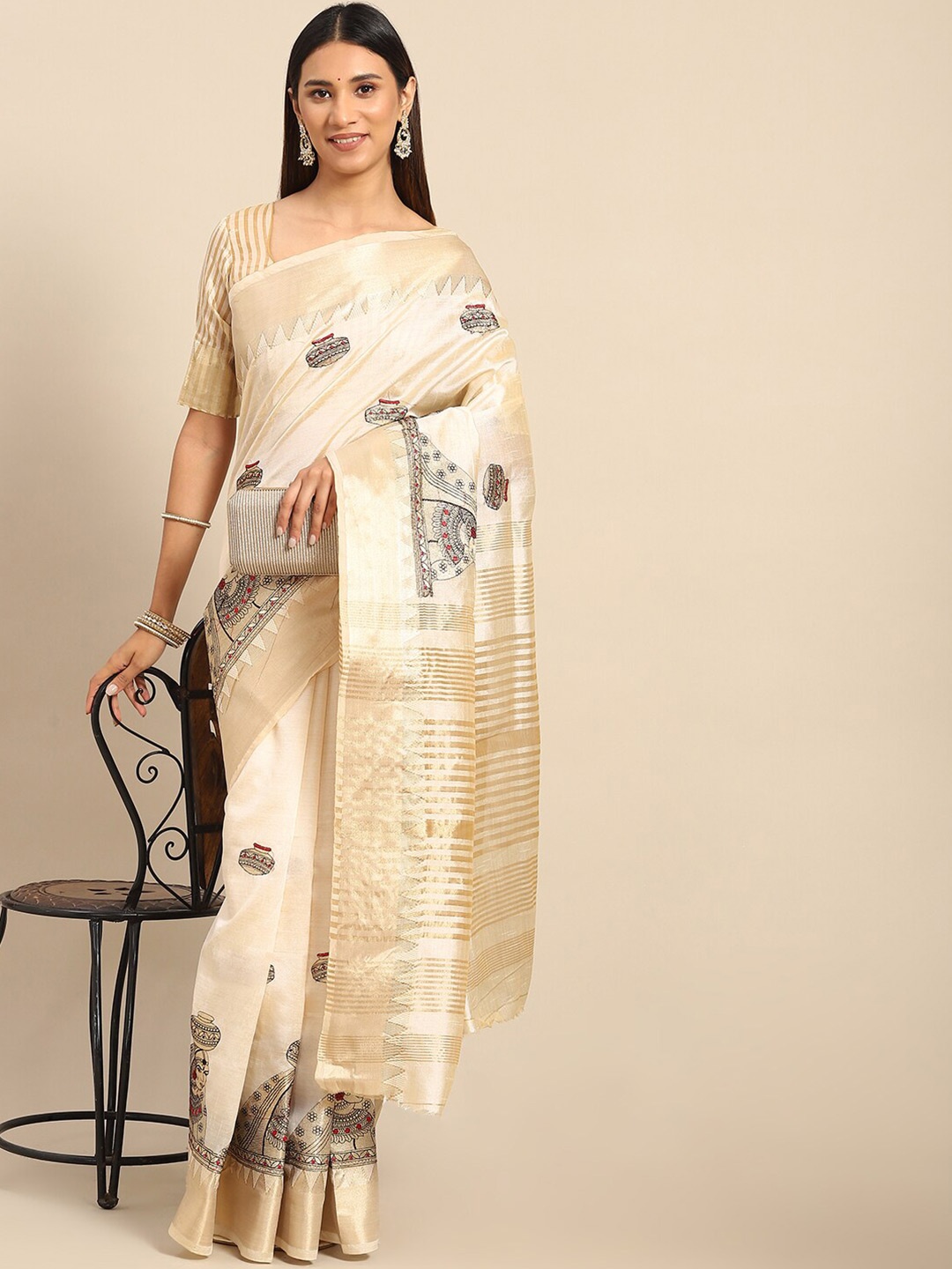 

MAHALASA Ethnic Motifs Embroidered Zari Detailed Silk Cotton Saree, Off white