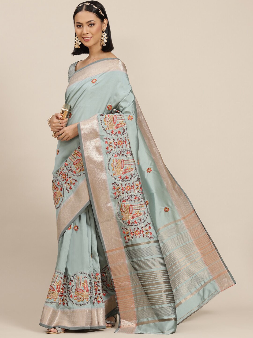 

MAHALASA Ethnic Motifs Embroidered Zari Detailed Silk Cotton Saree, Blue